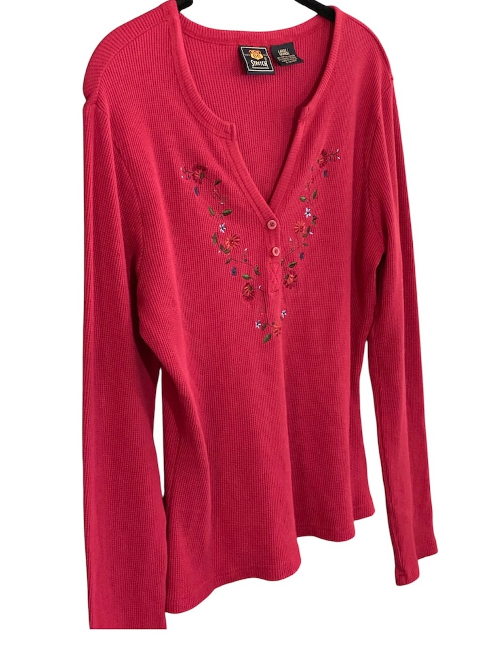Y2K Red Floral Embroidered Henley Thermal Shirt L Long Sleeve Fairy Grunge Boho - Picture 5 of 9